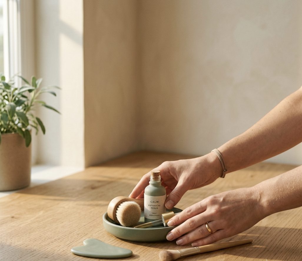 Manos ordenando herramientas de belleza sobre madera: negocios de servicios con citas y seguimientos