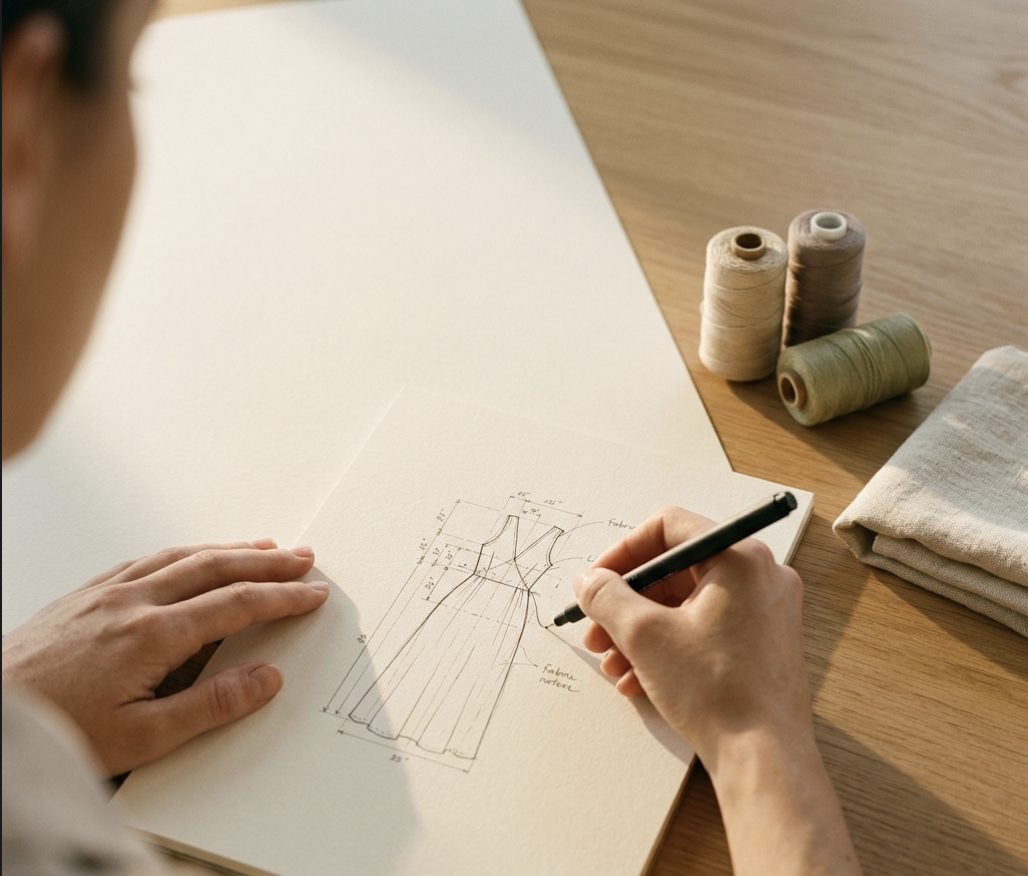 Manos bocetando un diseño de costura: negocios que trabajan por encargo y presupuesto